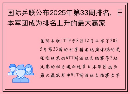 国际乒联公布2025年第33周排名，日本军团成为排名上升的最大赢家